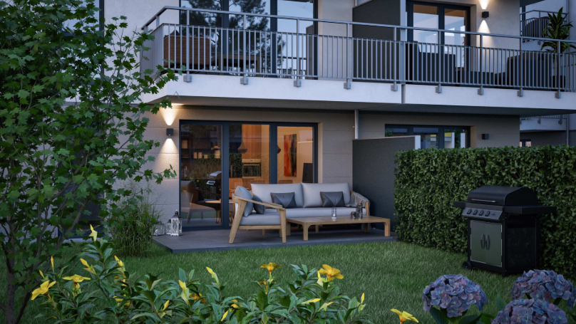 Garten mit Terrasse und Lounge am Abend